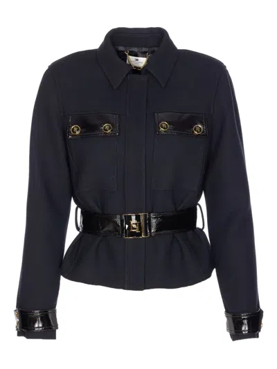 Elisabetta Franchi Belted Fitted Jacket With Glossy Accents In Black