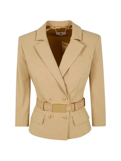 Elisabetta Franchi Double Breasted Jacket Belted Waist Lapels In Neutral