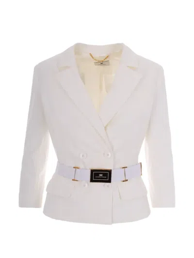 Elisabetta Franchi Ivory Bi-elastane Blazer With Classic Lapel And Gold Accents In White