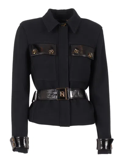 Elisabetta Franchi Belted Fitted Jacket With Glossy Accents In Black