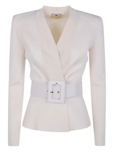 Elisabetta Franchi Belted V Neck Tricot Sweater In White