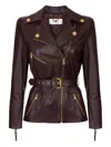 Elisabetta Franchi Fitted Leather Jacket With Belted Waist And Gold Hardware In Brown