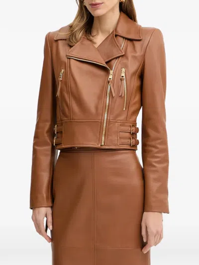 Elisabetta Franchi Belted Leather Jacket In Brown
