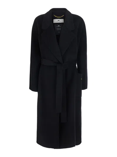 Elisabetta Franchi Belted Notched Revers Tech Fabric Jacket With Long Sleeves In Black