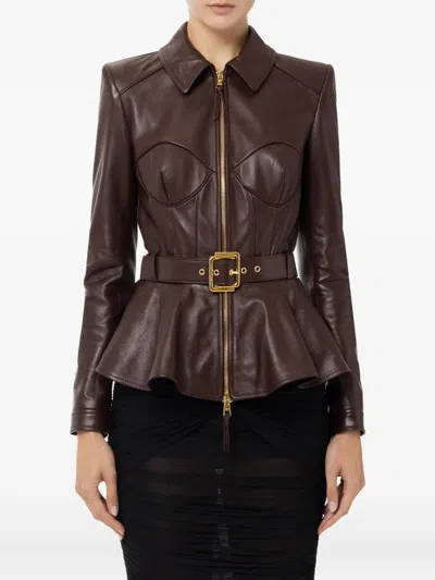 Elisabetta Franchi Belted-waist Leather Jacket In Brown