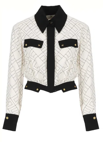 Elisabetta Franchi Bi-color Shirt With Gold Accents And Geometric Pattern In White