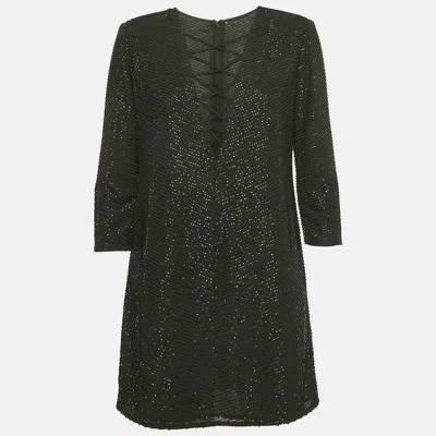 Pre-owned Elisabetta Franchi Black Beaded Chiffon Lace-up Mini Dress L