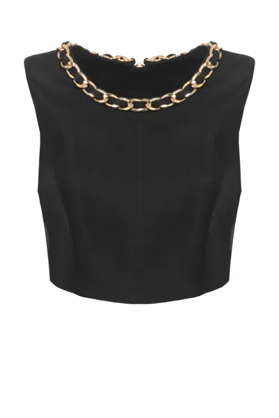 Elisabetta Franchi Black Chain Detail Linen Tank Top