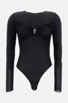 Elisabetta Franchi Black Crewneck Bodysuit With Knot Detail On The Front And Jewel Embellishment In Viscose Stretch Wom In Black