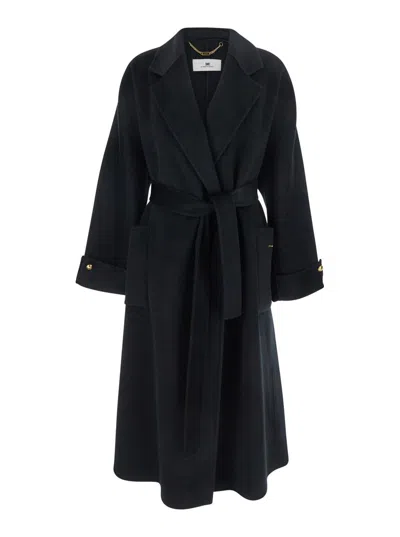 Elisabetta Franchi Black Coat With Notched Revers And Front Belt Closure In Wool Woman