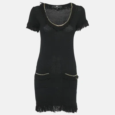 Pre-owned Elisabetta Franchi Black Cotton Blend Knit Fringed Mini Dress M