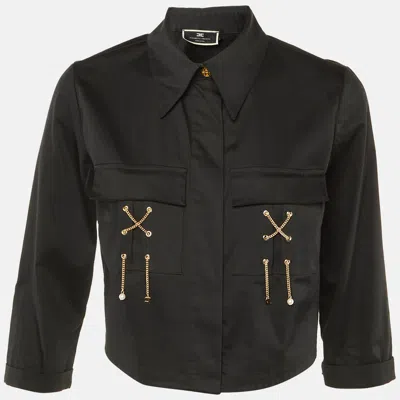 Pre-owned Elisabetta Franchi Black Cotton Knit Chain Detail Crop Jacket M