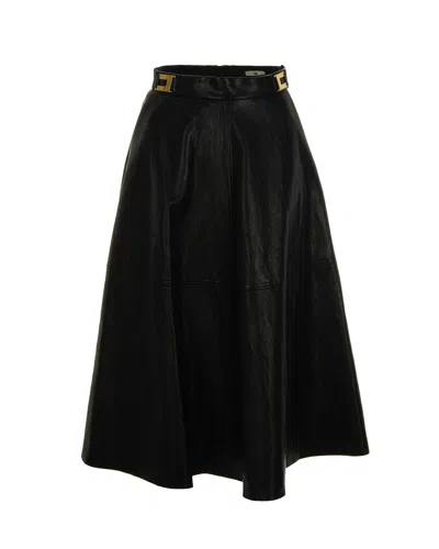 ELISABETTA FRANCHI BLACK CRACKLE SKIRT WITH LOGO DETAILS