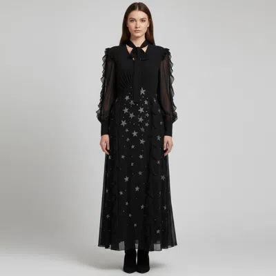Pre-owned Elisabetta Franchi Black Crepe Crystal Embellished Ruffled Maxi Dress M