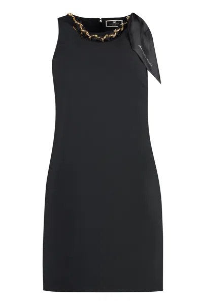 ELISABETTA FRANCHI BLACK CREPE DRESS WITH FRONT CHAIN DETAIL FOR WOMEN