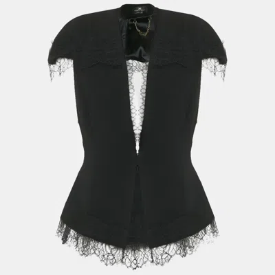 Pre-owned Elisabetta Franchi Black Crepe Lace Detail Cut-out Top L