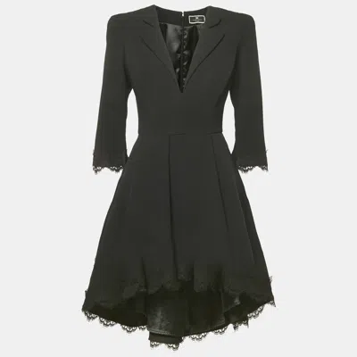 Pre-owned Elisabetta Franchi Black Crepe Lace Trim Flared Mini Dress M