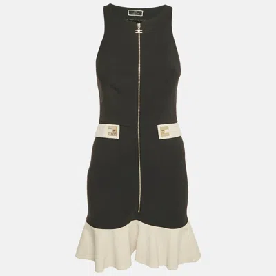 Pre-owned Elisabetta Franchi Black Crepe Logo Detail Flounced Mini Dress M