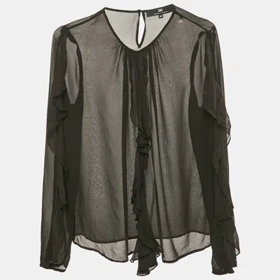 Pre-owned Elisabetta Franchi Black Crepe Ruffled Full Sleeve Top M