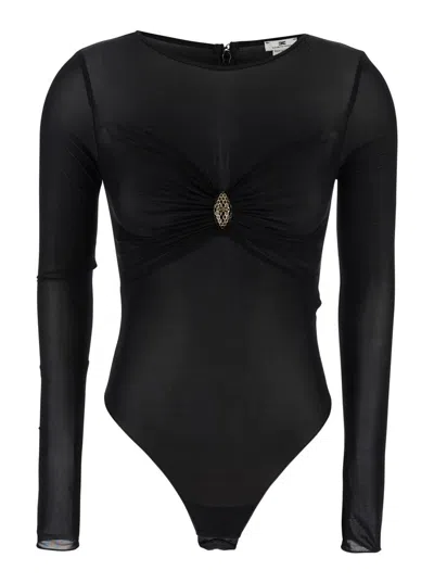 ELISABETTA FRANCHI BLACK CREWNECK BODYSUIT WITH KNOT DETAIL ON THE FRONT AND JEWEL EMBELLISHMENT IN VISCOSE STRETCH WOM