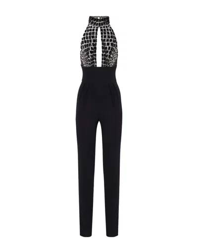 ELISABETTA FRANCHI BLACK CROCODILE EMBROIDERED JUMPSUIT