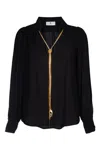 Elisabetta Franchi Sheer Fabric Collared Neck Gold Chain Long Sleeves In Black