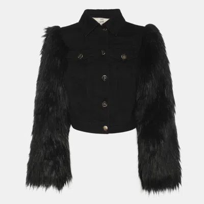 Pre-owned Elisabetta Franchi Black Denim And Faux Fur Cropped Jacket S