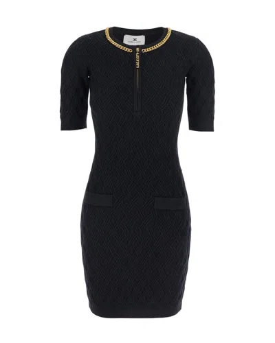 ELISABETTA FRANCHI BLACK DIAMOND KNIT MINI DRESS WITH JEWEL DETAIL