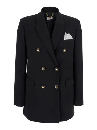 ELISABETTA FRANCHI BLACK DOUBLE-BREASTED JACKET WITH NOTCHED REVERS IN WOOL BLEND WOMAN