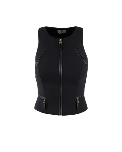 ELISABETTA FRANCHI BLACK DOUBLE CRÊPE TOP WITH ZIP DETAILS