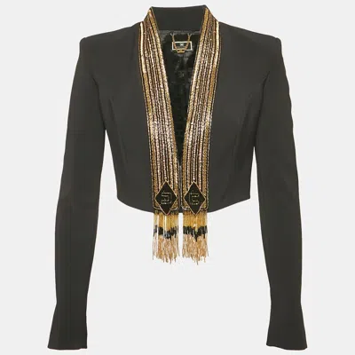 Pre-owned Elisabetta Franchi Black Embellished Crepe Cropped Blazer M