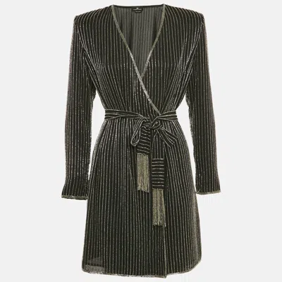 Pre-owned Elisabetta Franchi Black Embellished Crepe Mini Wrap Dress M