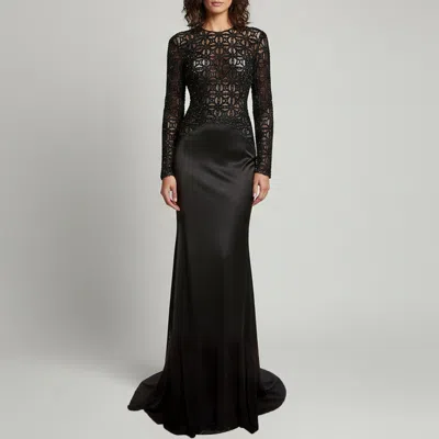 Pre-owned Elisabetta Franchi Black Embellished Flock Tulle & Jersey Evening Gown S
