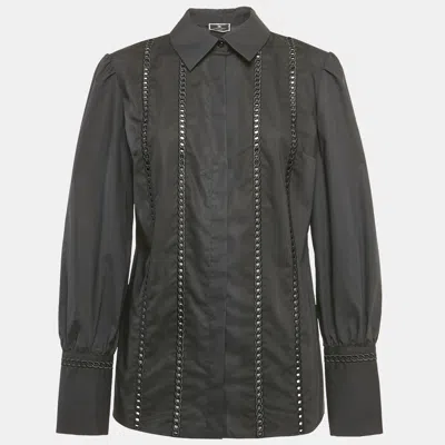 Pre-owned Elisabetta Franchi Black Embroidered Cotton Button Front Blouse M