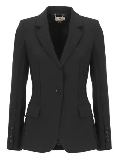 Elisabetta Franchi Black Embroidered Logo Flap Blazer