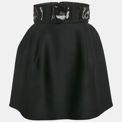 Pre-owned Elisabetta Franchi Black Faux Leather Belted Neoprene Flared Mini Skirt M