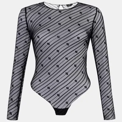 Pre-owned Elisabetta Franchi Black Flocked Monogram Mesh Bodysuit Top S