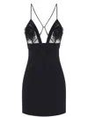 Elisabetta Franchi Plunging Neckline Mini Dress With Lace Detailing And Floral Embellishments In Black