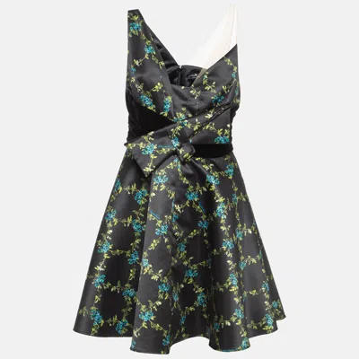 Pre-owned Elisabetta Franchi Black Floral Print Satin Fit And Flare Dress M