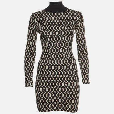 Pre-owned Elisabetta Franchi Black Geometric Pattern Jacquard Knit Mock Neck Mini Dress S