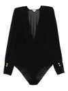 Elisabetta Franchi Pleated-panel Button-cuff Bodysuit In Black