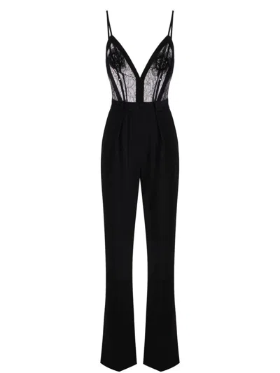 Elisabetta Franchi Black Jumpsuit With Deep Neckline And Lace Detail On The Front