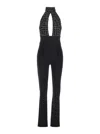 Elisabetta Franchi Black Jumpsuit With Embroidered Bodice And Halterneck In Tech Fabric Stretch Woman In Black