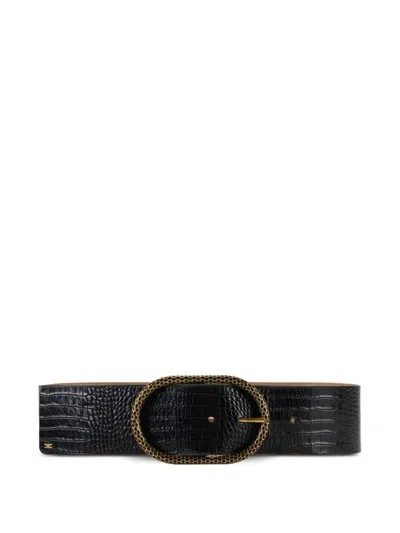 Elisabetta Franchi Black Leather Crocodile-effect Belt
