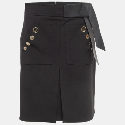 Pre-owned Elisabetta Franchi Black Leather Trim Stretch Crepe Button Detail Mini Skirt L