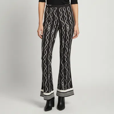 Pre-owned Elisabetta Franchi Black Logo Chain Print Stretch Crepe Flared Pants M