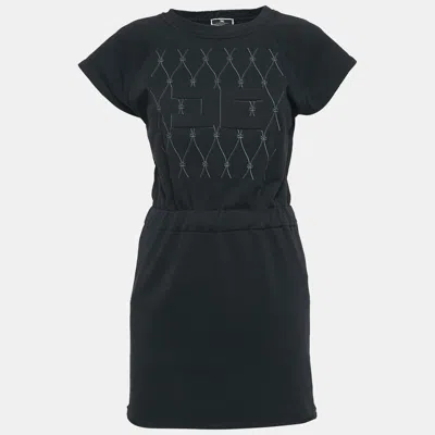 Pre-owned Elisabetta Franchi Black Logo Embossed Cotton Blend Knit Mini Dress S