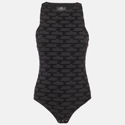 Elisabetta Franchi Black Logo Flocked Stretch Knit Tank Bodysuit