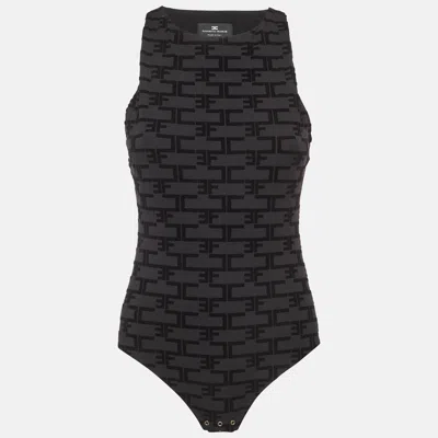 Pre-owned Elisabetta Franchi Black Logo Flocked Stretch Knit Tank Bodysuit L