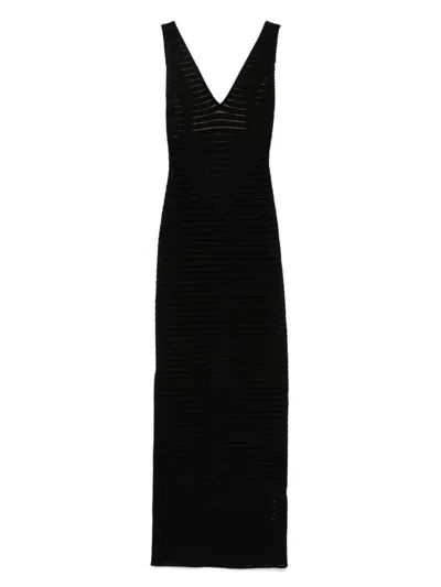 ELISABETTA FRANCHI BLACK LONG DRESS IN OPENWORK KNIT
